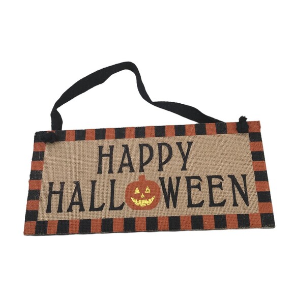 Happy Halloween Wooden Door Sign Orange Black Jack-O-Lantern Checkered - Picture 1 of 2